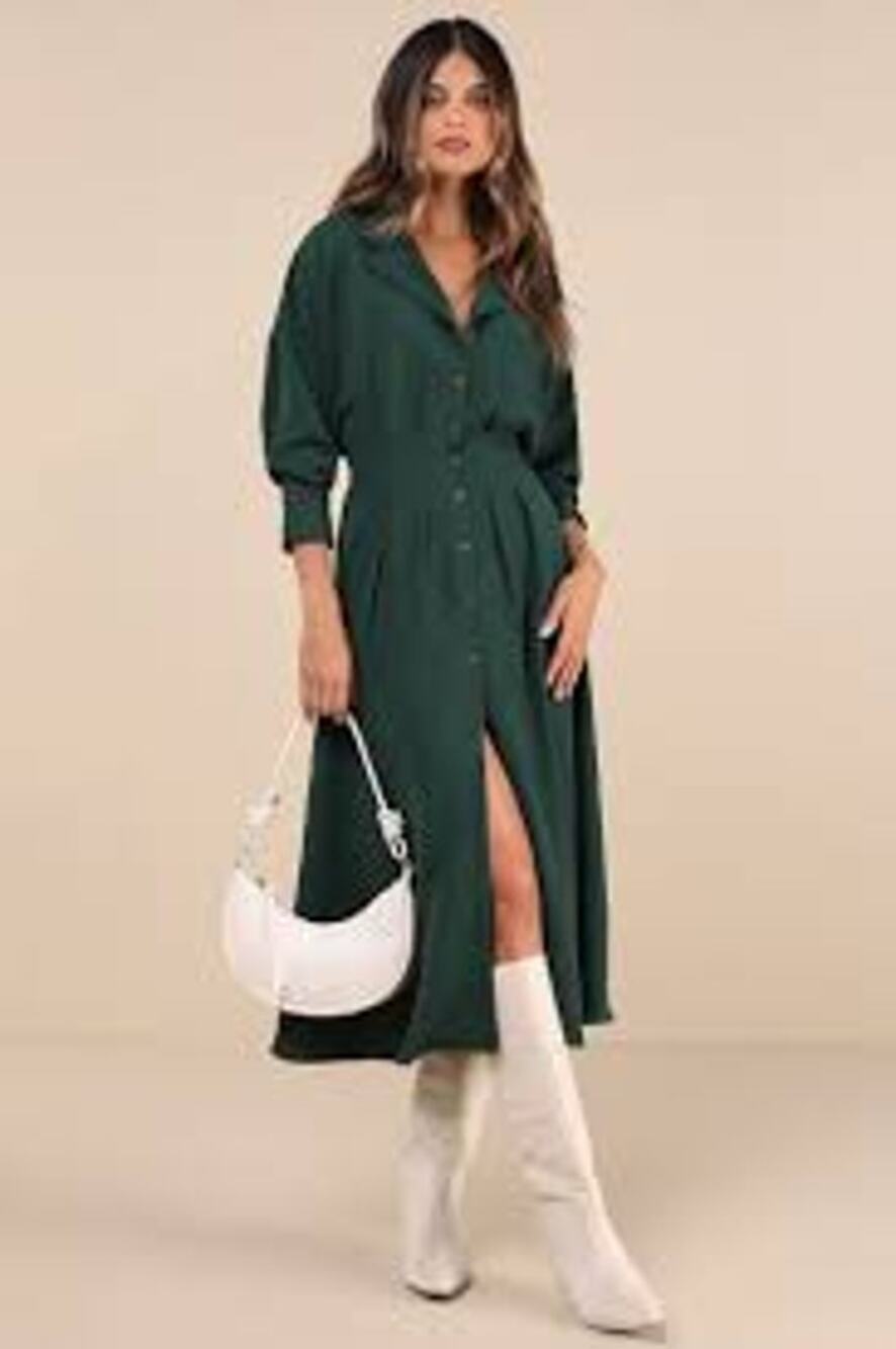 LULU'S Timeless Class Dark Green Midi DressButton-Up Pleated Shirt Small S NWT